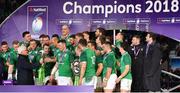 17 March 2018; The Ireland team are presented with the trophy by Chairman of the Six Nations Pat Whelan after the NatWest Six Nations Rugby Championship match between England and Ireland at Twickenham Stadium in London, England. Photo by Brendan Moran/Sportsfile