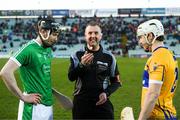 19 March 2018; Referee Alan Kelly performs the second coin-toss of the game with Limerick captain Declan Hannon and Clare captain Patrick O'Connor to decide who will have choice of ends for extra time in the Allianz Hurling League Division 1 quarter-final match between Limerick and Clare at the Gaelic Grounds in Limerick.  Photo by Diarmuid Greene/Sportsfile