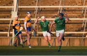 19 March 2018; Diarmaid Byrnes of Limerick celebrates after scoring a goal from a free during the final seconds of extra time in the Allianz Hurling League Division 1 quarter-final match between Limerick and Clare at the Gaelic Grounds in Limerick.  Photo by Diarmuid Greene/Sportsfile