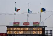 19 March 2018; A general view of final score on the scoreboard after all four periods of extra-time in the Allianz Hurling League Division 1 quarter-final match between Limerick and Clare at the Gaelic Grounds in Limerick.  Photo by Diarmuid Greene/Sportsfile
