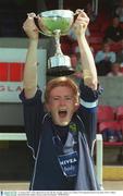 10 August 2003; UCD captain Sylvia Gee lifts the cup after his side's of victory victory during in the FAI National Women's Cup final match between UCD and Lifford at Richmond Park in Dublin. Photo by Pat Murphy/Sportsfile