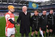 17 March 2018: Uachtarán Chumann Lúthchleas Gael John Horan with Paul Schutte of Cuala during the AIB GAA Hurling All-Ireland Senior Club Championship Final match between Cuala and Na Piarsaigh at Croke Park in Dublin. Photo by Stephen McCarthy/Sportsfile