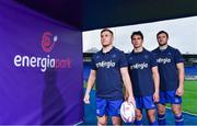 21 March 2018; Leinster Rugby and Energia have formally announced a 10 Year naming rights partnership that will see Donnybrook Stadium renamed Energia Park. Energia will be an official premium partner of Leinster Rugby including energy supply and efficiency and sustainability initiatives. Their naming rights deal for Energia Park takes effect immediately. Energia is one of Ireland’s leading and most competitive suppliers of electricity and gas. Energia Park has already this season hosted more than 250 school, club, All-Ireland League, Ireland Under 20s and Women’s internationals games and the Leinster Rugby Schools Junior Cup Final 2018. In attendance at the launch are Leinster players, from left, Jordan Larmour, Joey Carbery and Robbie Henshaw. Photo by Ramsey Cardy/Sportsfile