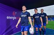 21 March 2018; Leinster Rugby and Energia have formally announced a 10 Year naming rights partnership that will see Donnybrook Stadium renamed Energia Park. Energia will be an official premium partner of Leinster Rugby including energy supply and efficiency and sustainability initiatives. Their naming rights deal for Energia Park takes effect immediately. Energia is one of Ireland’s leading and most competitive suppliers of electricity and gas. Energia Park has already this season hosted more than 250 school, club, All-Ireland League, Ireland Under 20s and Women’s internationals games and the Leinster Rugby Schools Junior Cup Final 2018. In attendance at the launch are Leinster players, from left, Jordan Larmour, Joey Carbery and Robbie Henshaw. Photo by Ramsey Cardy/Sportsfile