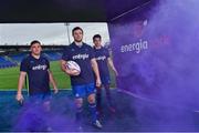 21 March 2018; Leinster Rugby and Energia have formally announced a 10 Year naming rights partnership that will see Donnybrook Stadium renamed Energia Park. Energia will be an official premium partner of Leinster Rugby including energy supply and efficiency and sustainability initiatives. Their naming rights deal for Energia Park takes effect immediately. Energia is one of Ireland’s leading and most competitive suppliers of electricity and gas. Energia Park has already this season hosted more than 250 school, club, All-Ireland League, Ireland Under 20s and Women’s internationals games and the Leinster Rugby Schools Junior Cup Final 2018. In attendance at the launch are Leinster players, from left, Jordan Larmour, Robbie Henshaw and Joey Carbery. Photo by Ramsey Cardy/Sportsfile