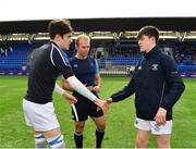 21 March 2018; Captain James Culhane of Blackrock College, left, and Adam Mulvihill of St Mary's College, right, shake hands following the coin toss prior to the Bank of Ireland Leinster Schools Junior Cup Final match between St Mary’s College and Blackrock College at Energia Park in Dublin. Photo by Seb Daly/Sportsfile
