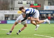 21 March 2018; Harry Whelan of Blackrock College is tackled by Max Svejdar of St Mary's College during the Bank of Ireland Leinster Schools Junior Cup Final match between St Mary’s College and Blackrock College at Energia Park in Dublin. Photo by Seb Daly/Sportsfile