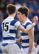 21 March 2018; Ben Brownlee of Blackrock College, centre, celebreates with team-mates after scoring his side's second try during the Bank of Ireland Leinster Schools Junior Cup Final match between St Mary’s College and Blackrock College at Energia Park in Dublin. Photo by Seb Daly/Sportsfile