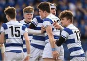 21 March 2018; Ben Brownlee of Blackrock College, second left, celebreates with team-mates after scoring his side's second try during the Bank of Ireland Leinster Schools Junior Cup Final match between St Mary’s College and Blackrock College at Energia Park in Dublin. Photo by Seb Daly/Sportsfile