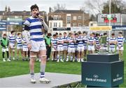 21 March 2018; Blackrock College captain James Culhane gives a speech following his side's victory during the Bank of Ireland Leinster Schools Junior Cup Final match between St Mary’s College and Blackrock College at Energia Park in Dublin. Photo by Seb Daly/Sportsfile