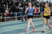 18 March 2018; Claire Caulfield from Waterford AC, left, passes Ava Ross from Glaslough Harriers, Co Monaghan,  to win the Girls U16 1.5k Walk event, at the Irish Life Health National Juvenile Indoor Championships day 2 at Athlone IT in Athlone, Co Westmeath. Photo by Tomás Greally/Sportsfile
