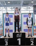 18 March 2018; U14 Boys 1k walk medallists, from left, Sean Kelleher from South Galway AC, bronze, Andrew Glennon from Mullingar Harriers AC, gold, and Sam O'Sullivan from Clonmel AC, silver, during the Irish Life Health National Juvenile Indoor Championships day 2 at Athlone IT in Athlone, Co Westmeath. Photo by Tomás Greally/Sportsfile