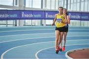 18 March 2018; Ava Ross from Glaslough Harriers, Co Monaghan, followed by Claire Caulfield from Waterford AC,  in action during the Girls U16 1.5k Walk event, at the Irish Life Health National Juvenile Indoor Championships day 2 at Athlone IT in Athlone, Co Westmeath. Photo by Tomás Greally/Sportsfile