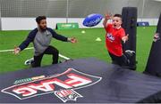 22 March 2018; Earl Thomas of the Seattle Seahawks, was in Dublin Indoor Football in Santry today, where he helped coach over 100 school pupils in a special flag football tournament – held as part of an NFL UK Live roadshow taking place this weekend, presented by Subway®. The NFL UK Live Roadshow, presented by Subway®, will see some of American Football’s most high-profile athletes takeover Dublin’s Convention Centre, this Saturday, for an evening of entertainment – hosted by Sky Sports presenter, Neil Reynolds. Last year, Subway® stores announced a three-year partnership to be the NFL’s presenting partner in Ireland and the UK and, as part of the Subway® brand and NFL’s joint commitment to getting the nation fit and active, Subway® is enabling the NFL to bring the sport directly into schools, across the island of Ireland and the UK. The NFL Flag programme aims encourage more children to get into sport and learn NFL values that can be applied to all areas of their lives. The pupils at today’s event – who came from Our Lady of Lourdes and John Scottus Primary Schools – were given an introduction to one of the fastest growing sports in Ireland and the UK, from one of the sport’s biggest names, before taking part in the flag football tournament. At the main event this Saturday, Earl will be joined at the Convention Centre by New York Giants’ Landon Collins, Baltimore Ravens’ Alex Collins, Philadelphia Eagles’ Jay Ajayi and two-time Super Bowl winning coach, Rob Ryan. The group of NFL stars will also be accompanied by the famous Vince Lombardi trophy. Doors for NFL UK Live, presented by Subway®, open at 6pm, with the live show kicking off at 7.30pm. Tickets for the event, which are free-of-charge, are available at: www.nfluk.com/events/Dublin.html  Pictured are Earl Thomas of the Seattle Seahawks with Peter Collins. Photo by Brendan Moran/Sportsfile