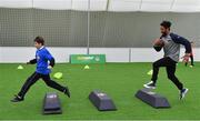 22 March 2018; Earl Thomas of the Seattle Seahawks, was in Dublin Indoor Football in Santry today, where he helped coach over 100 school pupils in a special flag football tournament – held as part of an NFL UK Live roadshow taking place this weekend, presented by Subway®. The NFL UK Live Roadshow, presented by Subway®, will see some of American Football’s most high-profile athletes takeover Dublin’s Convention Centre, this Saturday, for an evening of entertainment – hosted by Sky Sports presenter, Neil Reynolds. Last year, Subway® stores announced a three-year partnership to be the NFL’s presenting partner in Ireland and the UK and, as part of the Subway® brand and NFL’s joint commitment to getting the nation fit and active, Subway® is enabling the NFL to bring the sport directly into schools, across the island of Ireland and the UK. The NFL Flag programme aims encourage more children to get into sport and learn NFL values that can be applied to all areas of their lives. The pupils at today’s event – who came from Our Lady of Lourdes and John Scottus Primary Schools – were given an introduction to one of the fastest growing sports in Ireland and the UK, from one of the sport’s biggest names, before taking part in the flag football tournament. At the main event this Saturday, Earl will be joined at the Convention Centre by New York Giants’ Landon Collins, Baltimore Ravens’ Alex Collins, Philadelphia Eagles’ Jay Ajayi and two-time Super Bowl winning coach, Rob Ryan. The group of NFL stars will also be accompanied by the famous Vince Lombardi trophy. Doors for NFL UK Live, presented by Subway®, open at 6pm, with the live show kicking off at 7.30pm. Tickets for the event, which are free-of-charge, are available at: www.nfluk.com/events/Dublin.html  Pictured are Earl Thomas of the Seattle Seahawks with David Anrah. Photo by Brendan Moran/Sportsfile