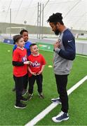 22 March 2018; Earl Thomas of the Seattle Seahawks, was in Dublin Indoor Football in Santry today, where he helped coach over 100 school pupils in a special flag football tournament – held as part of an NFL UK Live roadshow taking place this weekend, presented by Subway®. The NFL UK Live Roadshow, presented by Subway®, will see some of American Football’s most high-profile athletes takeover Dublin’s Convention Centre, this Saturday, for an evening of entertainment – hosted by Sky Sports presenter, Neil Reynolds. Last year, Subway® stores announced a three-year partnership to be the NFL’s presenting partner in Ireland and the UK and, as part of the Subway® brand and NFL’s joint commitment to getting the nation fit and active, Subway® is enabling the NFL to bring the sport directly into schools, across the island of Ireland and the UK. The NFL Flag programme aims encourage more children to get into sport and learn NFL values that can be applied to all areas of their lives. The pupils at today’s event – who came from Our Lady of Lourdes and John Scottus Primary Schools – were given an introduction to one of the fastest growing sports in Ireland and the UK, from one of the sport’s biggest names, before taking part in the flag football tournament. At the main event this Saturday, Earl will be joined at the Convention Centre by New York Giants’ Landon Collins, Baltimore Ravens’ Alex Collins, Philadelphia Eagles’ Jay Ajayi and two-time Super Bowl winning coach, Rob Ryan. The group of NFL stars will also be accompanied by the famous Vince Lombardi trophy. Doors for NFL UK Live, presented by Subway®, open at 6pm, with the live show kicking off at 7.30pm. Tickets for the event, which are free-of-charge, are available at: www.nfluk.com/events/Dublin.html  Pictured are Earl Thomas of the Seattle Seahawks with Brody Carlisle, Hanad Axmed and Peter Collins. Photo by Brendan Moran/Sportsfile