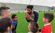 22 March 2018; Earl Thomas of the Seattle Seahawks, was in Dublin Indoor Football in Santry today, where he helped coach over 100 school pupils in a special flag football tournament – held as part of an NFL UK Live roadshow taking place this weekend, presented by Subway®. The NFL UK Live Roadshow, presented by Subway®, will see some of American Football’s most high-profile athletes takeover Dublin’s Convention Centre, this Saturday, for an evening of entertainment – hosted by Sky Sports presenter, Neil Reynolds. Last year, Subway® stores announced a three-year partnership to be the NFL’s presenting partner in Ireland and the UK and, as part of the Subway® brand and NFL’s joint commitment to getting the nation fit and active, Subway® is enabling the NFL to bring the sport directly into schools, across the island of Ireland and the UK. The NFL Flag programme aims encourage more children to get into sport and learn NFL values that can be applied to all areas of their lives. The pupils at today’s event – who came from Our Lady of Lourdes and John Scottus Primary Schools – were given an introduction to one of the fastest growing sports in Ireland and the UK, from one of the sport’s biggest names, before taking part in the flag football tournament. At the main event this Saturday, Earl will be joined at the Convention Centre by New York Giants’ Landon Collins, Baltimore Ravens’ Alex Collins, Philadelphia Eagles’ Jay Ajayi and two-time Super Bowl winning coach, Rob Ryan. The group of NFL stars will also be accompanied by the famous Vince Lombardi trophy. Doors for NFL UK Live, presented by Subway®, open at 6pm, with the live show kicking off at 7.30pm. Tickets for the event, which are free-of-charge, are available at: www.nfluk.com/events/Dublin.html  Pictured are Earl Thomas of the Seattle Seahawks with students from Our Lady of Lourdes and John Scottus Primary Schools in Dublin. Photo by Brendan Moran/Sportsfile