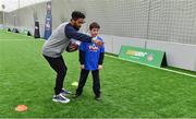 22 March 2018; Earl Thomas of the Seattle Seahawks, was in Dublin Indoor Football in Santry today, where he helped coach over 100 school pupils in a special flag football tournament – held as part of an NFL UK Live roadshow taking place this weekend, presented by Subway®. The NFL UK Live Roadshow, presented by Subway®, will see some of American Football’s most high-profile athletes takeover Dublin’s Convention Centre, this Saturday, for an evening of entertainment – hosted by Sky Sports presenter, Neil Reynolds. Last year, Subway® stores announced a three-year partnership to be the NFL’s presenting partner in Ireland and the UK and, as part of the Subway® brand and NFL’s joint commitment to getting the nation fit and active, Subway® is enabling the NFL to bring the sport directly into schools, across the island of Ireland and the UK. The NFL Flag programme aims encourage more children to get into sport and learn NFL values that can be applied to all areas of their lives. The pupils at today’s event – who came from Our Lady of Lourdes and John Scottus Primary Schools – were given an introduction to one of the fastest growing sports in Ireland and the UK, from one of the sport’s biggest names, before taking part in the flag football tournament. At the main event this Saturday, Earl will be joined at the Convention Centre by New York Giants’ Landon Collins, Baltimore Ravens’ Alex Collins, Philadelphia Eagles’ Jay Ajayi and two-time Super Bowl winning coach, Rob Ryan. The group of NFL stars will also be accompanied by the famous Vince Lombardi trophy. Doors for NFL UK Live, presented by Subway®, open at 6pm, with the live show kicking off at 7.30pm. Tickets for the event, which are free-of-charge, are available at: www.nfluk.com/events/Dublin.html  Pictured are Earl Thomas of the Seattle Seahawks with David Anrah. Photo by Brendan Moran/Sportsfile