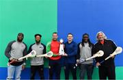 23 March 2018; Two-time Superbowl winning coach, Rob Ryan, Seattle Seahawks’ Earl Thomas, New York Giants’ Landon Collins and Baltimore Ravens’ Alex Collins, touched down in Dublin today for the NFL UK Live event, presented by Subway®. As part of their visit, Earl, Landon and Alex – accompanied by Rob Ryan and the Vince Lombardi trophy – put their athleticism to the test today at Dublin’s Clanna Gael Fontenoy GAA Club, where hurling legend Jackie Tyrell, and Dublin football legend attempted to teach them the skills of our national sports. The NFL UK Live event, presented by Subway®, will take place tomorrow (Saturday, 24th March) at Dublin’s Convention Centre – where Rob, Earl, Landon and Alex will also be joined by the Philadelphia Eagles’ Jay Ajayi for an evening of entertainment, hosted by Sky Sports presenter, Neil Reynolds. Doors for the event open at 6pm, with the live show kicking off at 7.30pm. Tickets for the event, which are free-of-charge, are available at: www.nfluk.com/events/Dublin.html . Pictured are, from left, Landon Collins, Earl Thomas, Jackie Tyrell, Mossy Quinn, Alex Collins and Rob Ryan, with specially engraved hurleys and the Vince Lombardi trophy at Clanna Gael Fontenoy GAA Club, Irishtown, Dublin   Photo by Brendan Moran/Sportsfile
