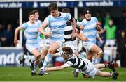 23 March 2018; Liam McMahon of Blackrock College beats the tackle by David Lacey of Belvedere College on his way to scoring his side's fourth try during the Bank of Ireland Leinster Schools Senior Cup Final match between Belvedere College and Blackrock College at the RDS Arena in Ballsbridge, Dublin. Photo by Ramsey Cardy/Sportsfile