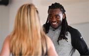 23 March 2018; Baltimore Ravens’ Alex Collins, touched down in Dublin today for the NFL UK Live event, presented by Subway®. Alex joined a host of Irish dancers to put his famous dancing skills to the test. The NFL Live event, presented by Subway®, will take place tomorrow (Saturday, 24th March) at Dublin’s Convention Centre – where Rob Ryan, Earl Thomas, Landon Collins and Alex will also be joined by the Philadelphia Eagles’ Jay Ajayi for an evening of entertainment, hosted by Sky Sports presenter, Neil Reynolds. Doors for the event open at 6pm, with the live show kicking off at 7.30pm. Tickets for the event, which are free-of-charge, are available at: www.nfluk.com/events/Dublin.html . Pictured is Alex Collins with Irish dancer Zoe Talbot while practicing his Irish dancing at the Liffey Studios, Dublin. Photo by Brendan Moran/Sportsfile