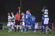23 March 2018; Ally Gilchrist of Shamrock Rovers, second left, is shown a red card by referee Paul McLaughlin during the SSE Airtricity League Premier Division match between Waterford and Shamrock Rovers at the RSC in Waterford.  Photo by Seb Daly/Sportsfile