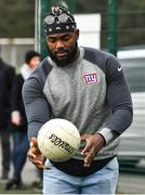 23 March 2018; Two-time Superbowl winning coach, Rob Ryan, Seattle Seahawks’ Earl Thomas, New York Giants’ Landon Collins and Baltimore Ravens’ Alex Collins, touched down in Dublin today for the NFL UK Live event, presented by Subway®. As part of their visit, Earl, Landon and Alex – accompanied by Rob Ryan and the Vince Lombardi trophy – put their athleticism to the test today at Dublin’s Clanna Gael Fontenoy GAA Club, where hurling legend Jackie Tyrell, and Dublin football legend attempted to teach them the skills of our national sports. The NFL UK Live event, presented by Subway®, will take place tomorrow (Saturday, 24th March) at Dublin’s Convention Centre – where Rob, Earl, Landon and Alex will also be joined by the Philadelphia Eagles’ Jay Ajayi for an evening of entertainment, hosted by Sky Sports presenter, Neil Reynolds. Doors for the event open at 6pm, with the live show kicking off at 7.30pm. Tickets for the event, which are free-of-charge, are available at: www.nfluk.com/events/Dublin.html . Pictured is Landon Collins of the New York Giants at Clanna Gael Fontenoy GAA Club, Irishtown, Dublin   Photo by Brendan Moran/Sportsfile