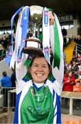 24 March 2018; Tanya Johnson of Johnstownbridge lifts the cup after the AIB All-Ireland Intermediate Club Camogie Final match between Athenry and Johnstownbridge at St Tiernach's Park in Clones, Monaghan. Photo by Oliver McVeigh/Sportsfile