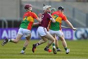 24 March 2018; Alan Devine of Westmeath in action against Alan Corcoran, left, and Richard Coady of Carlow during the Allianz Hurling League Division 2A Final match between Westmeath and Carlow at O'Moore Park in Portlaoise, Laois. Photo by Piaras Ó Mídheach/Sportsfile