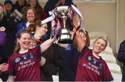 24 March 2018; Aoife NiCaisiide and Claire McGrath of Slaughtneil hold the cup aloft after the AIB All-Ireland Senior Club Camogie Final match between Sarsfields and Slaughtneil at St Tiernach's Park in Clones, Monaghan.  Photo by Oliver McVeigh/Sportsfile
