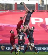 24 March 2018; David Bulbring of Scarlets wins possession in a lineout ahead of Jack O’Donoghue of Munster during the Guinness PRO14 Round 18 match between Munster and Scarlets at Thomond Park in Limerick. Photo by Diarmuid Greene/Sportsfile