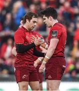 24 March 2018; Alex Wootton of Munster is congratulated by team-mate James Hart after scoring a try which was subsequently disallowed during the Guinness PRO14 Round 18 match between Munster and Scarlets at Thomond Park in Limerick. Photo by Diarmuid Greene/Sportsfile