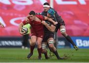 24 March 2018; Ian Keatley of Munster is tackled by Tadhg Beirne and Aaron Shingler of Scarlets during the Guinness PRO14 Round 18 match between Munster and Scarlets at Thomond Park in Limerick. Photo by Diarmuid Greene/Sportsfile