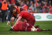24 March 2018; Tommy O'Donnell of Munster with Ian Keatley and lead physiotherapist Damien Mordan before leaving the pitch during the Guinness PRO14 Round 18 match between Munster and Scarlets at Thomond Park in Limerick. Photo by Diarmuid Greene/Sportsfile