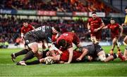 24 March 2018; James Cronin of Munster scores a try which was subsequently disallowed during the Guinness PRO14 Round 18 match between Munster and Scarlets at Thomond Park in Limerick. Photo by Diarmuid Greene/Sportsfile