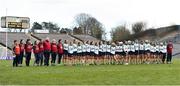 24 March 2018; The Sarsfields squad stand for the anthem before the AIB All-Ireland Senior Club Camogie Final match between Sarsfields and Slaughtneil at St Tiernach's Park in Clones, Monaghan.  Photo by Oliver McVeigh/Sportsfile