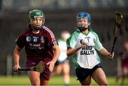 24 March 2018; Shannon Graham of Slaughtneil in action against Erica Leslie and Aisling Spellman of Sarsfields during the AIB All-Ireland Senior Club Camogie Final match between Sarsfields and Slaughtneil at St Tiernach's Park in Clones, Monaghan.  Photo by Oliver McVeigh/Sportsfile