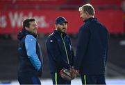 24 March 2018; Leinster head coach Leo Cullen in conversation with Leinster scrum coach John Fogarty, left, and Leinster backs coach Girvan Dempsey, centre, ahead of the Guinness PRO14 Round 18 match between Ospreys and Leinster at the Liberty Stadium in Swansea, Wales. Photo by Ramsey Cardy/Sportsfile