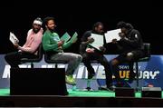 24 March 2018; The NFL Live event, presented by Subway®, took place this evening (Saturday, 24th March) at Dublin’s Convention Centre – where two-time Superbowl winning coach, Rob Ryan, Seattle Seahawks’ Earl Thomas, New York Giants’ Landon Collins, Baltimore Ravens’ Alex Collins and Philadelphia Eagles’ Jay Ajayi took to the stage for an evening of entertainment, hosted by Sky Sports presenter, Neil Reynolds. Pictured during the show are, from left, Landon Collins of the New York Giants, Earl Thomas of the Seattle Seahawks, Alex Collins of the Baltimore Ravens, and Jay Ajayi of the Philadelphia Eagles Photo by Brendan Moran/Sportsfile