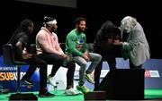24 March 2018; The NFL Live event, presented by Subway®, took place this evening (Saturday, 24th March) at Dublin’s Convention Centre – where two-time Superbowl winning coach, Rob Ryan, Seattle Seahawks’ Earl Thomas, New York Giants’ Landon Collins, Baltimore Ravens’ Alex Collins and Philadelphia Eagles’ Jay Ajayi took to the stage for an evening of entertainment, hosted by Sky Sports presenter, Neil Reynolds. Pictured during the show are, from left, Alex Collins of the Baltimore Ravens, Landon Collins of the New York Giants, Earl Thomas of the Seattle Seahawks, and Jay Ajayi of the Philadelphia Eagles and two-time winning Super Bowl winning coach Rob Ryan. Photo by Brendan Moran/Sportsfile
