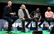 24 March 2018; The NFL Live event, presented by Subway®, took place this evening (Saturday, 24th March) at Dublin’s Convention Centre – where two-time Superbowl winning coach, Rob Ryan, Seattle Seahawks’ Earl Thomas, New York Giants’ Landon Collins, Baltimore Ravens’ Alex Collins and Philadelphia Eagles’ Jay Ajayi took to the stage for an evening of entertainment, hosted by Sky Sports presenter, Neil Reynolds. Pictured during the show are, from left, MC Neil Reynolds, two-time winning Super Bowl winning coach Rob Ryan, Alex Collins of the Baltimore Ravens, and Landon Collins of the New York Giants. Photo by Brendan Moran/Sportsfile
