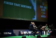 24 March 2018; The NFL Live event, presented by Subway®, took place this evening (Saturday, 24th March) at Dublin’s Convention Centre – where two-time Superbowl winning coach, Rob Ryan, Seattle Seahawks’ Earl Thomas, New York Giants’ Landon Collins, Baltimore Ravens’ Alex Collins and Philadelphia Eagles’ Jay Ajayi took to the stage for an evening of entertainment, hosted by Sky Sports presenter, Neil Reynolds. Pictured during the show are, from left, MC Neil Reynolds, two-time winning Super Bowl winning coach Rob Ryan, Alex Collins of the Baltimore Ravens, Landon Collins of the New York Giants, Earl Thomas of the Seattle Seahawks, and Jay Ajayi of the Philadelphia Eagles. Photo by Brendan Moran/Sportsfile