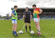 25 March 2018; Referee Fergal Smith with captains Stephen Attride of Laois, left, and John Murphy of Carlow prior to the Allianz Football League Division 4 Round 7 match between Carlow and Laois at Netwatch Cullen Park in Carlow. Photo by Seb Daly/Sportsfile