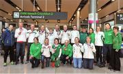 25 March 2018; The Irish Masters team with their medals upon their arrival at Dublin Airport after a successful week competing in the European Masters Indoor Track & Field Championships in Madrid, at Dublin Airport in Dublin. Photo by Tomás Greally/Sportsfile