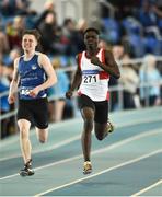 25 March 2018; Israel Olatunde of Dundealgan A.C., Co Louth, right, on his way to winning the Boys U17 200m event, ahead of Cillian Griffin of Tralee Harriers A.C., Co Kerry, during Day 3 of the Irish Life Health National Juvenile Indoor Championships at Athlone IT, in Athlone, Westmeath. Photo by Sam Barnes/Sportsfile