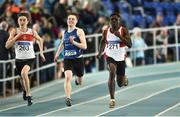 25 March 2018; Israel Olatunde of Dundealgan A.C., Co Louth, right, on his way to winning the Boys U17 200m event, ahead of Robert McDonnell of Galway City Harriers A.C., Co Galway, far left, and Cillian Griffin of Tralee Harriers A.C., Co Kerry, during Day 3 of the Irish Life Health National Juvenile Indoor Championships at Athlone IT, in Athlone, Westmeath. Photo by Sam Barnes/Sportsfile