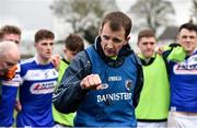 25 March 2018; Laois manager John Sugrue speaks to his players following their side's victory during the Allianz Football League Division 4 Round 7 match between Carlow and Laois at Netwatch Cullen Park in Carlow. Photo by Seb Daly/Sportsfile