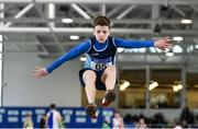 25 March 2018; Killian Power of Carrick-on-Suir A.C., Co Waterford, competing in the Boys U13 Long Jump event during Day 3 of the Irish Life Health National Juvenile Indoor Championships at Athlone IT, in Athlone, Westmeath. Photo by Sam Barnes/Sportsfile