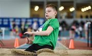 25 March 2018; Oisin Phelan of Tuam A.C., Co Galway, competing in the Boys U13 Long Jump event during Day 3 of the Irish Life Health National Juvenile Indoor Championships at Athlone IT, in Athlone, Westmeath. Photo by Sam Barnes/Sportsfile