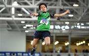 25 March 2018; John Murphy of Liscarroll A.C., Co Cork, competing in the Boys U13 Long Jump event during Day 3 of the Irish Life Health National Juvenile Indoor Championships at Athlone IT, in Athlone, Westmeath. Photo by Sam Barnes/Sportsfile